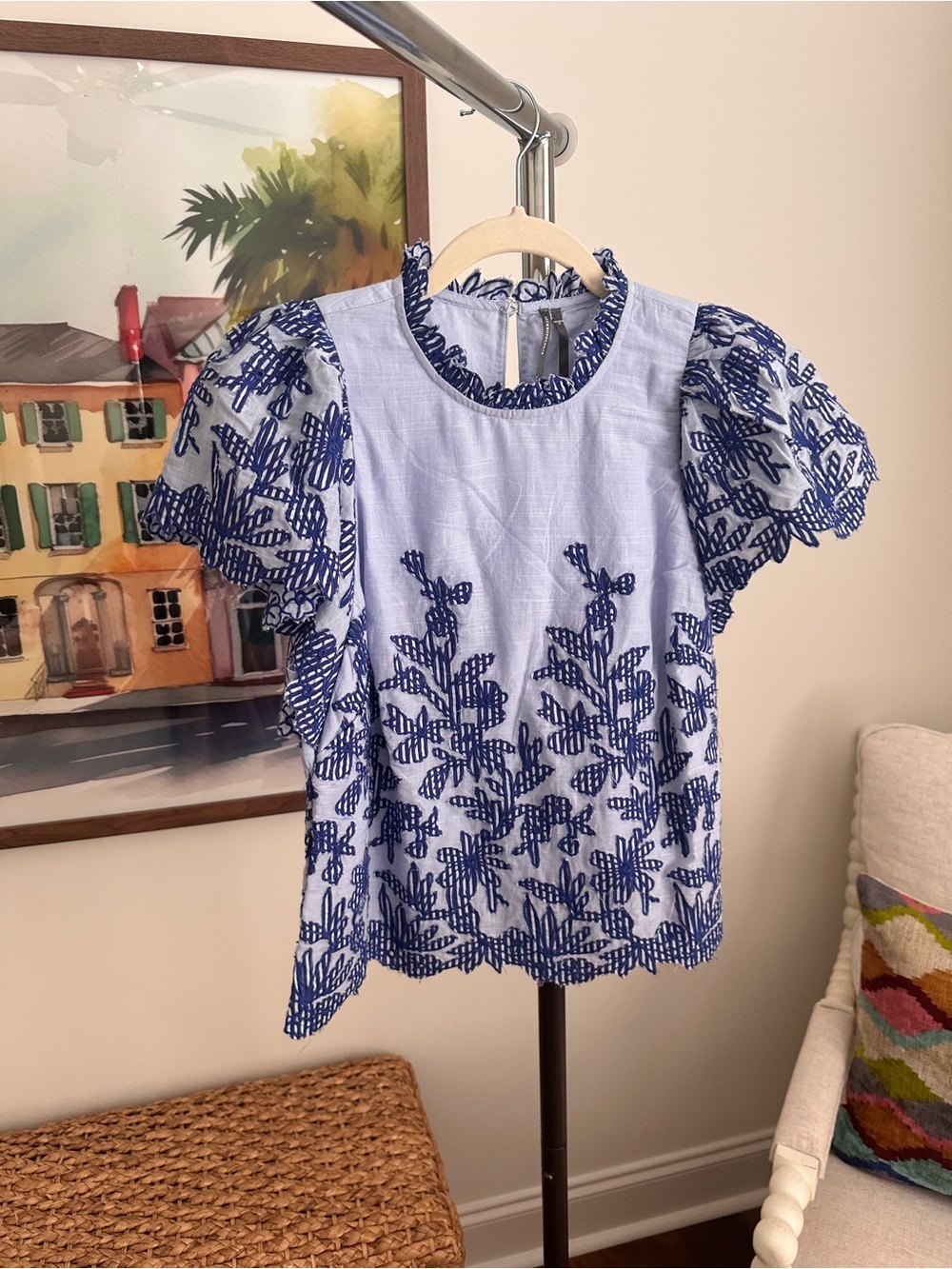 Anthropologie Light Blue Top with Navy Floral Embroidery